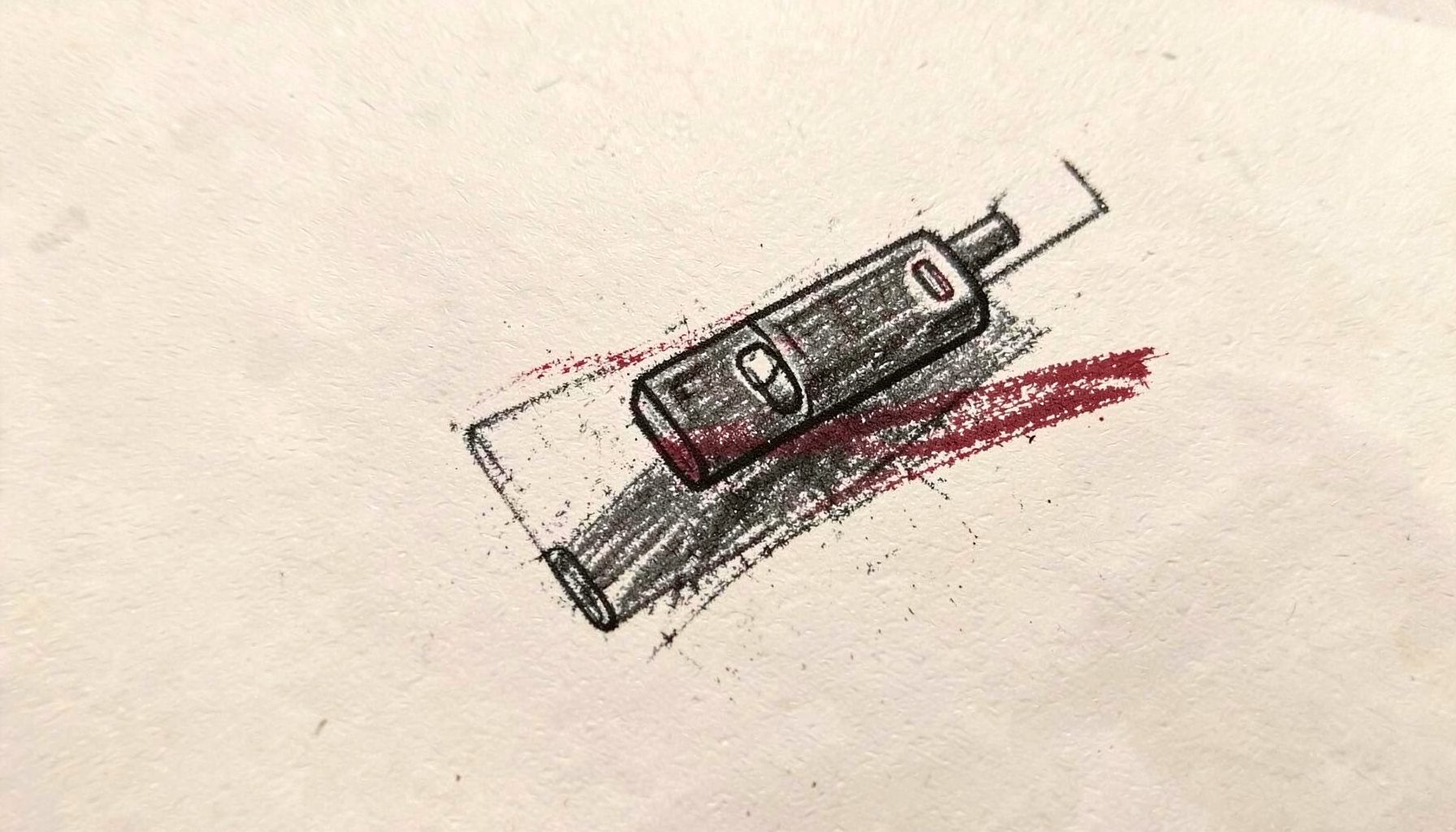 Pen-style charcoal illustration of a slim vape device on cream paper
