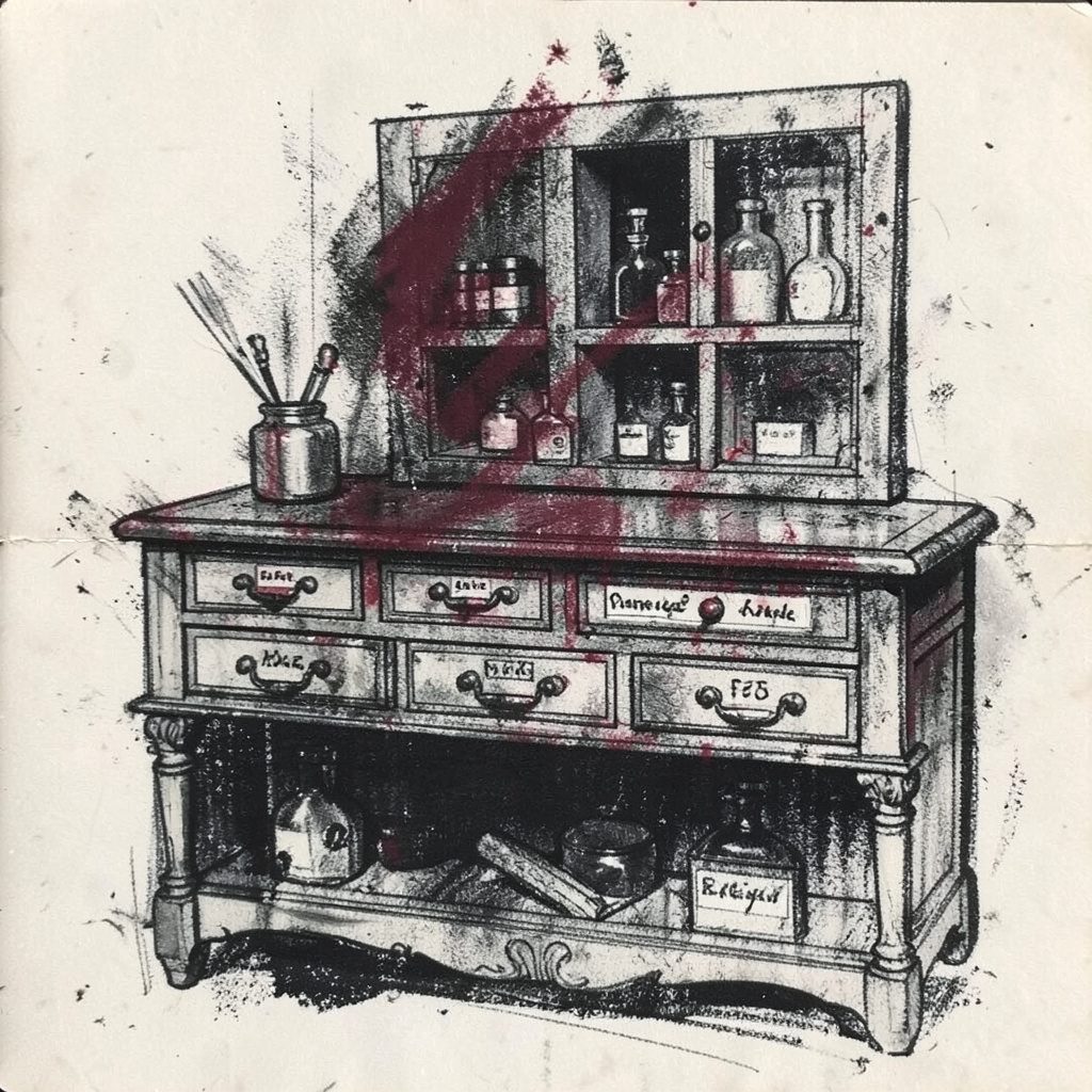 Charcoal sketch of an ornate vintage apothecary counter with small labeled drawers