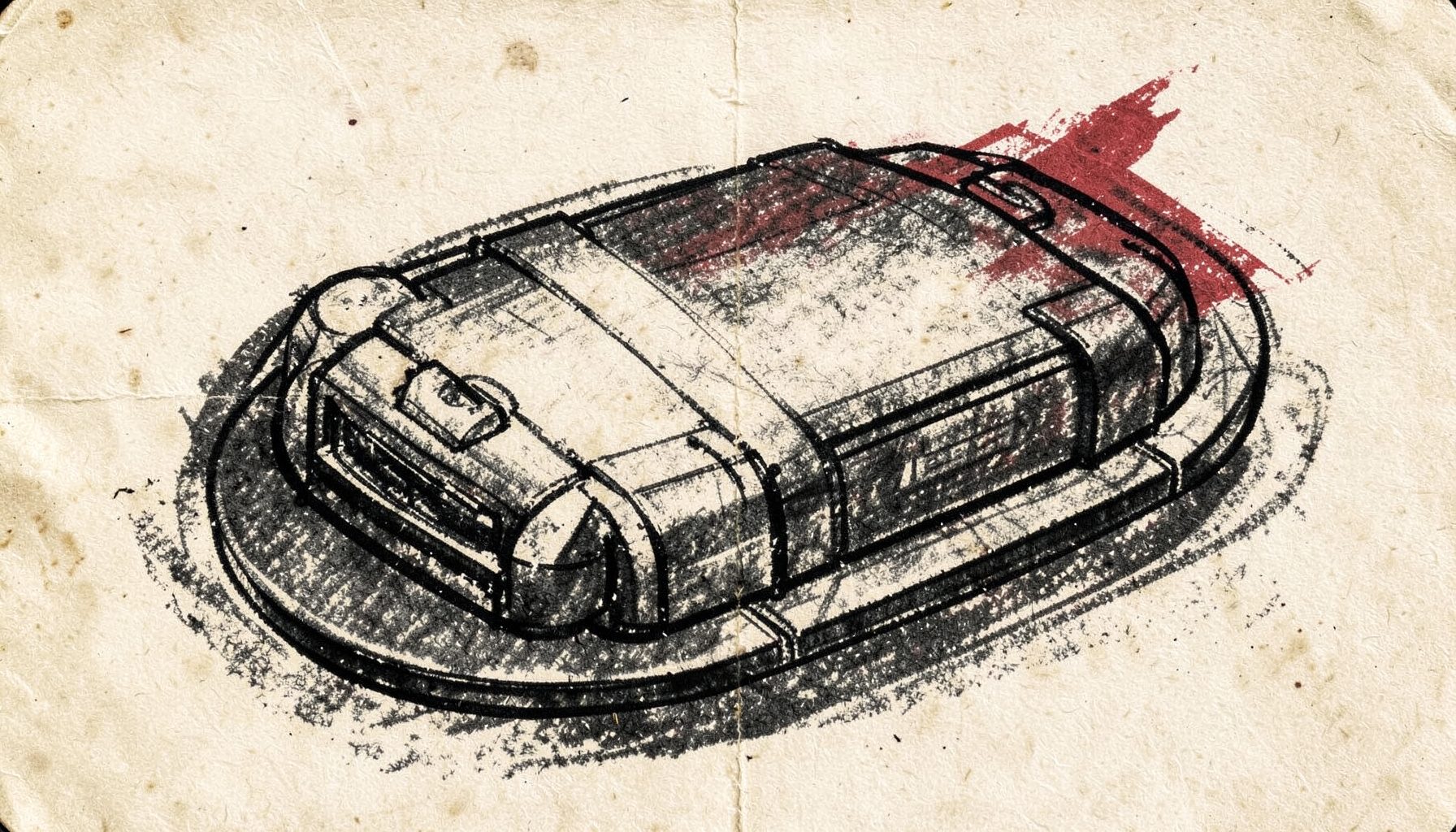 Antique-style sketch of a closed pod kit with magnetic connectors