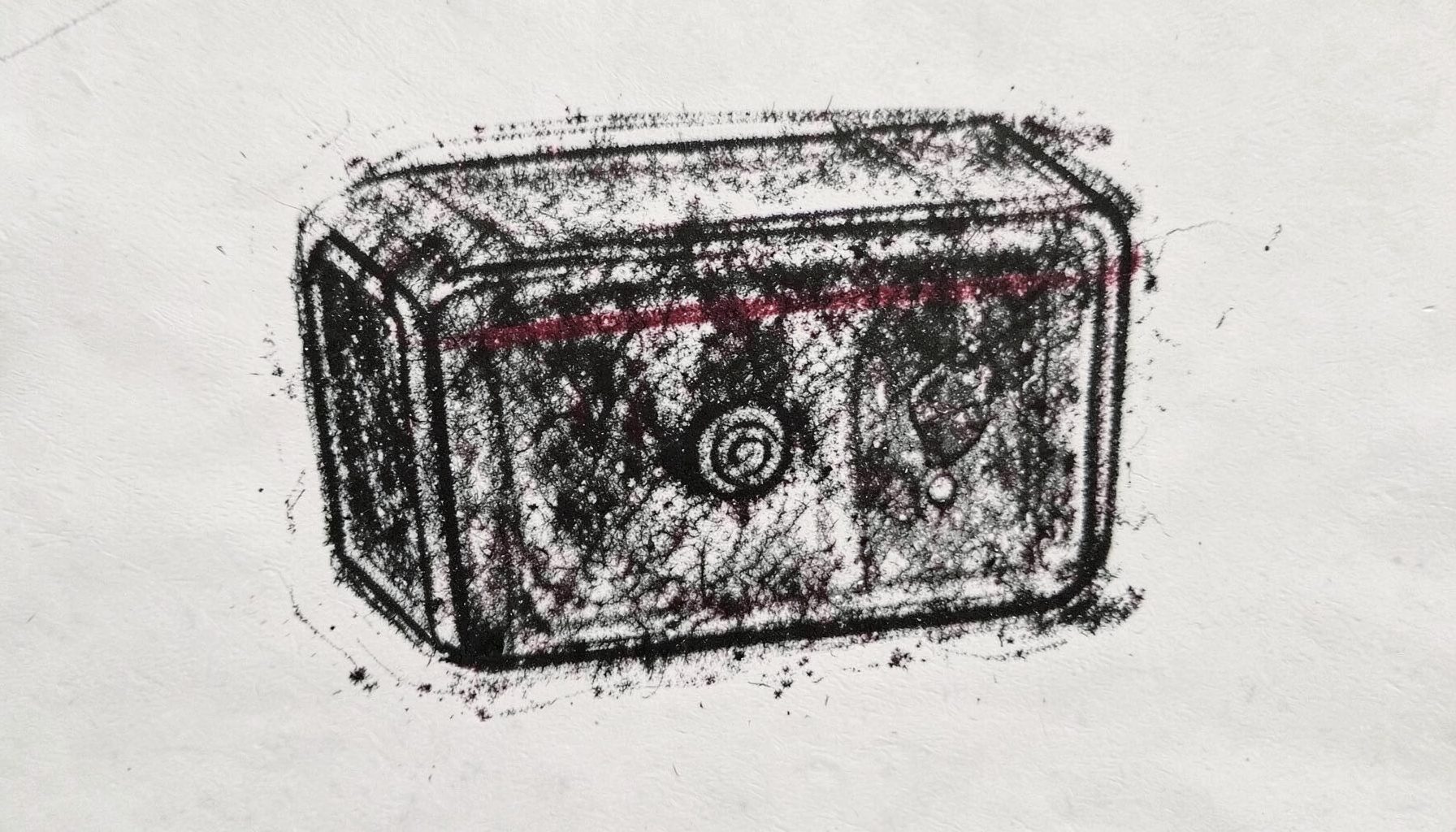 Charcoal line drawing of a small rectangular pod device