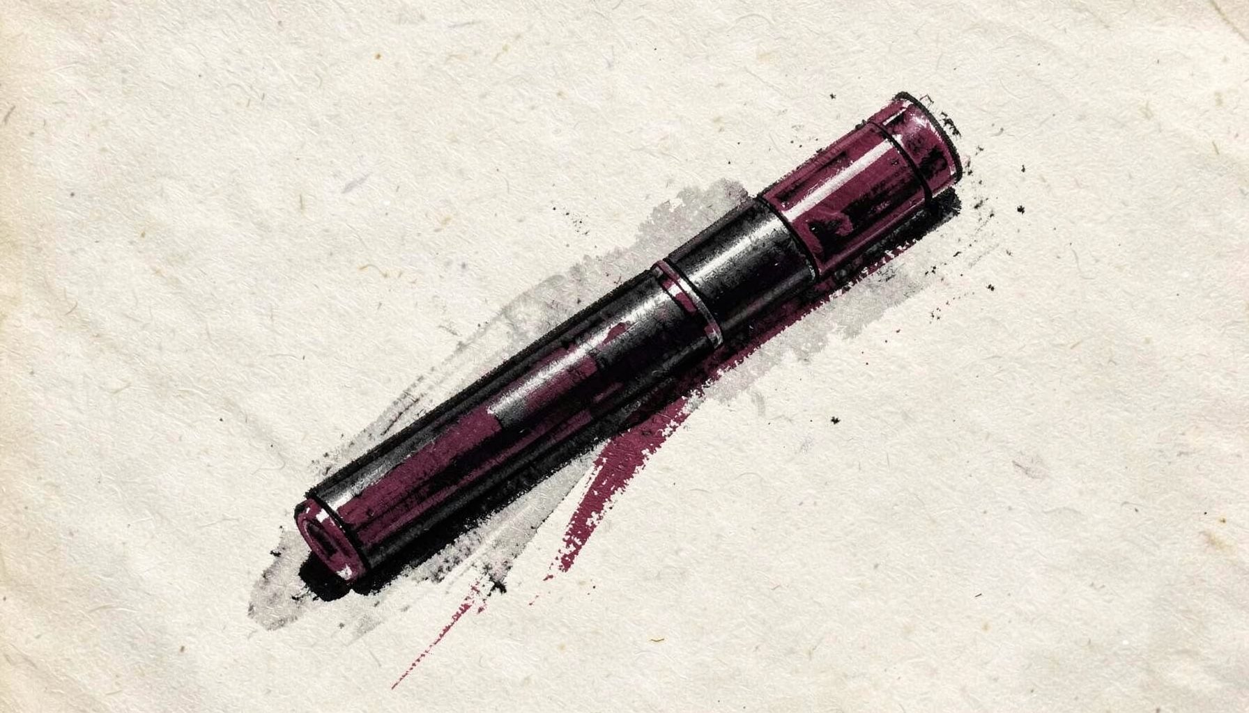 Charcoal illustration of a slim disposable vape pen, deep burgundy accents on parchment.