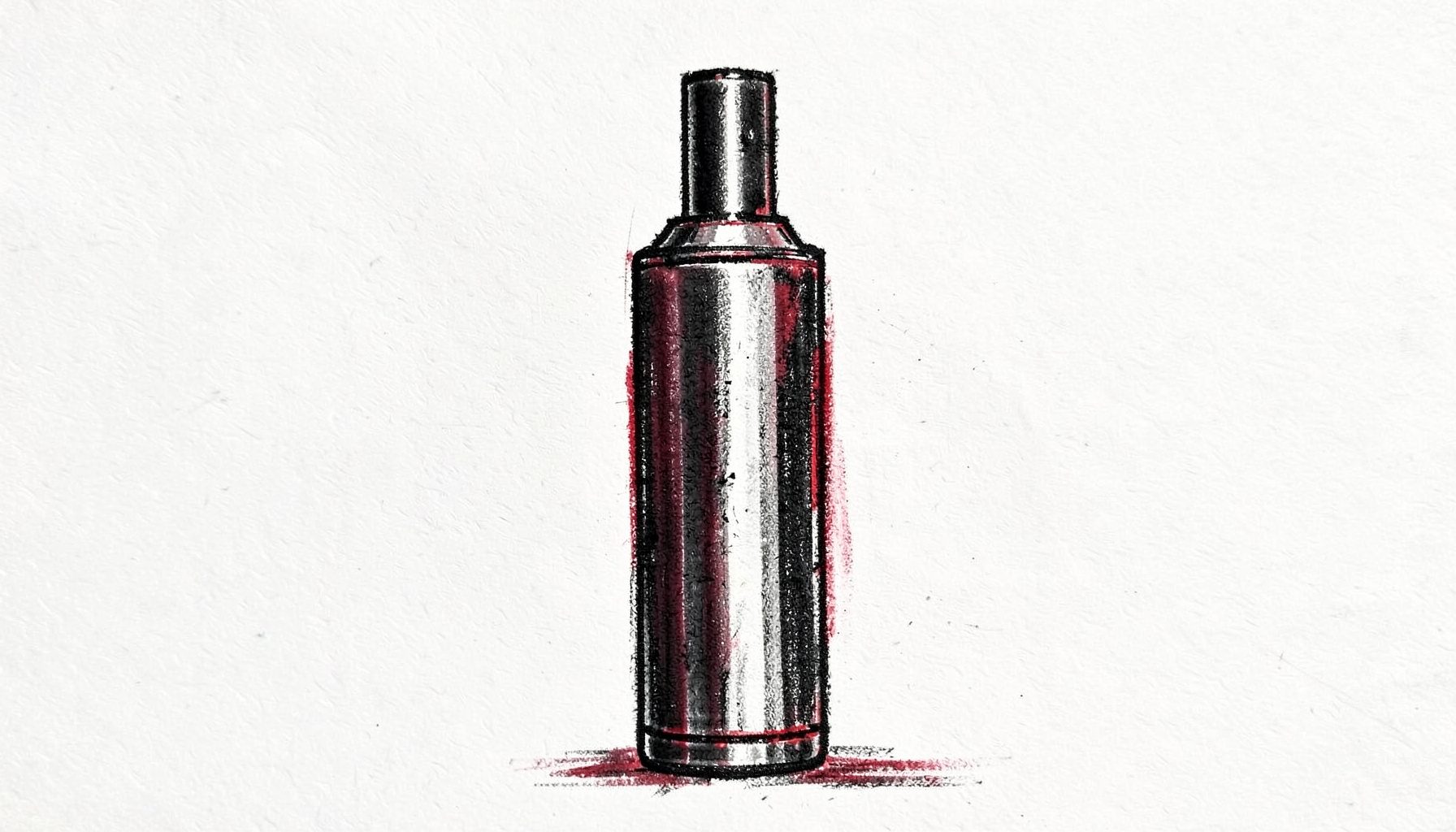 Hand-drawn sketch of a tall disposable vape device, charcoal lines with warm crimson highlights.