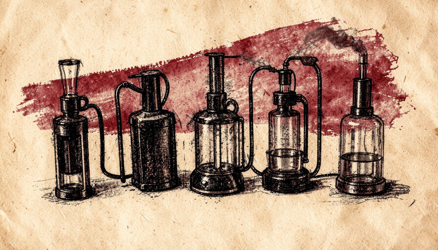Bold charcoal sketch of assorted vaporizer devices arranged in a row, deep crimson and umber tones on warm parchment background, editorial mood.