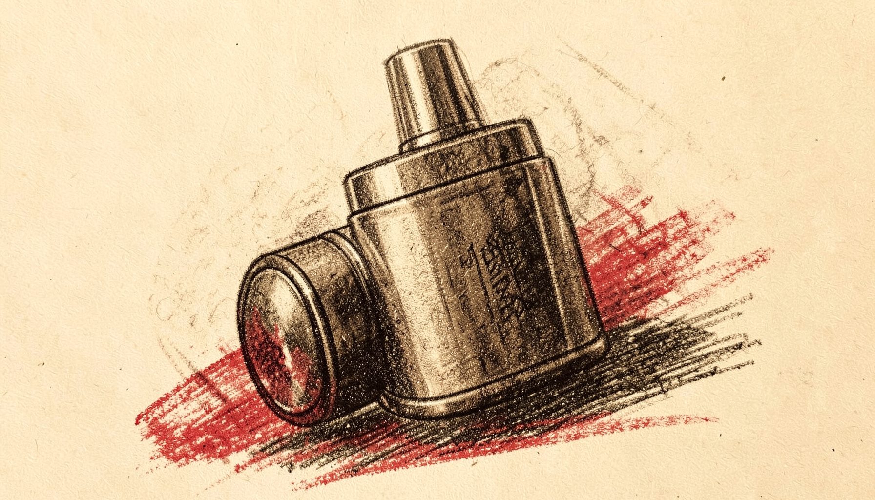 Pencil rendering of a large-format disposable vape, dramatic umber shading and warm cream background.