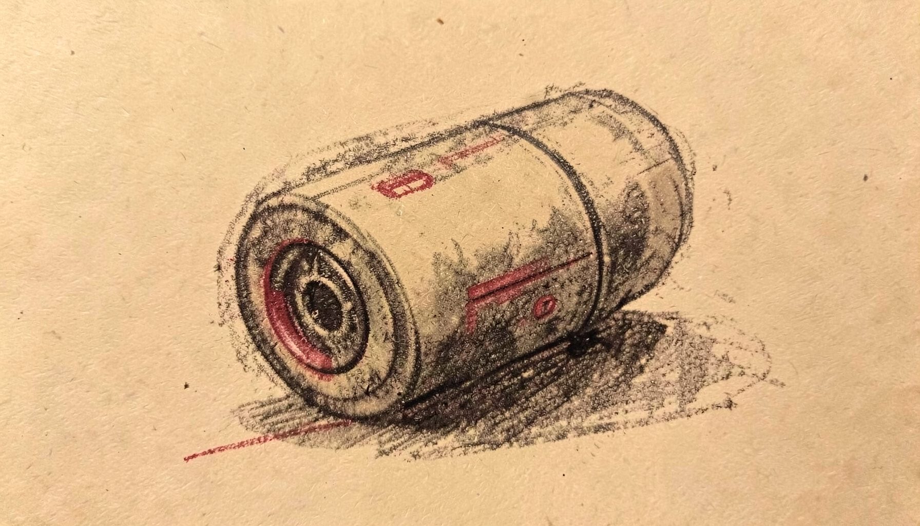 Hand-drawn charcoal sketch of a rounded pod-style vape with soft shadows, warm beige tones