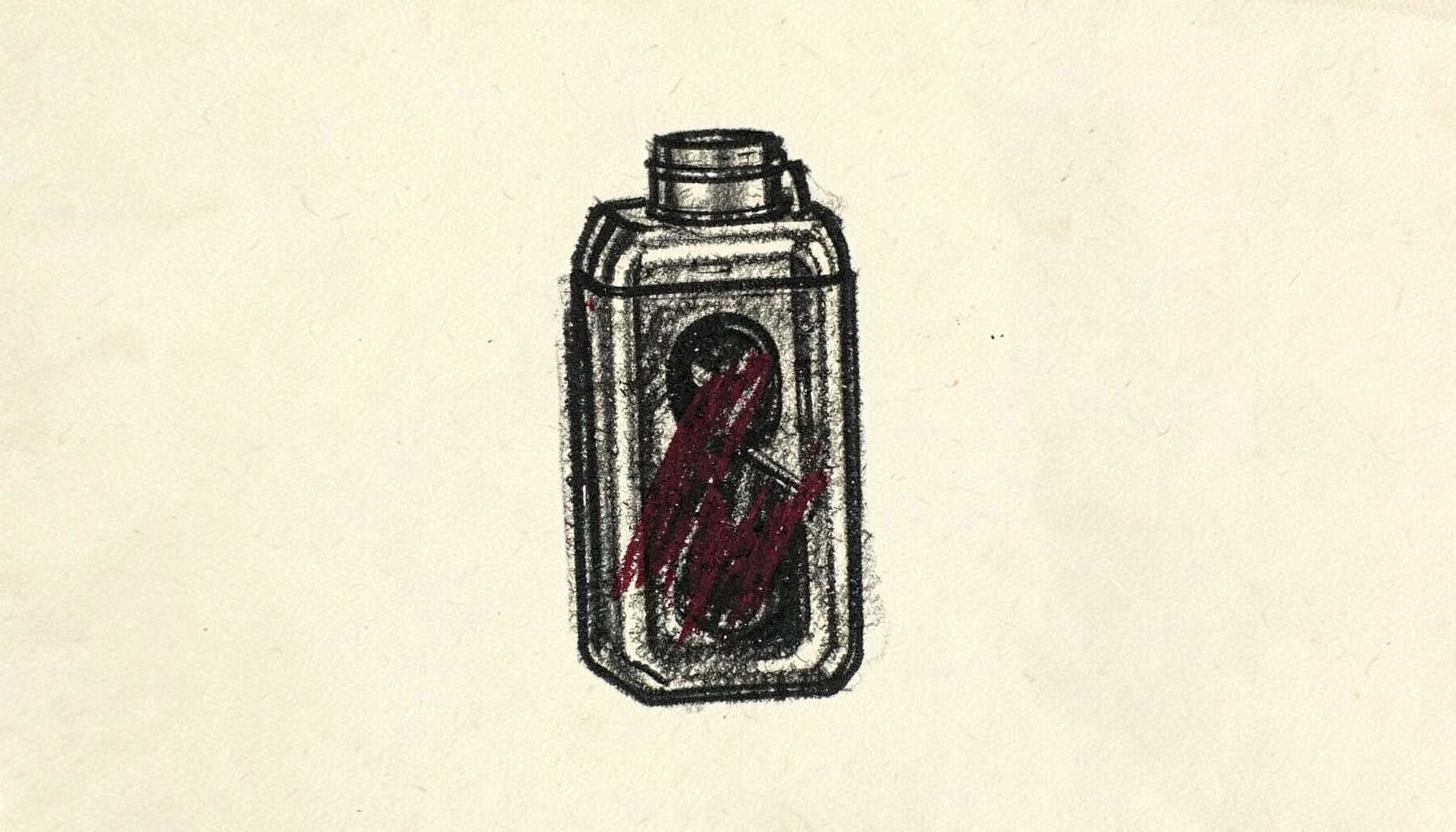 Charcoal drawing of a compact vape device, dark outlines against a muted cream backdrop, clean and minimal style
