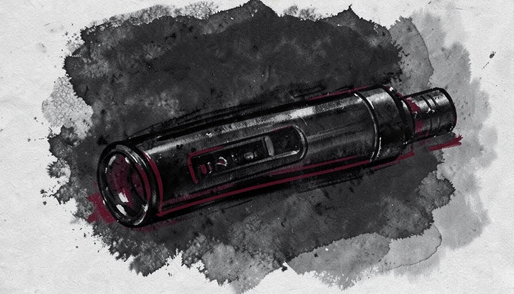 Dark charcoal illustration of a bar-shaped vape device, deep crimson accent strokes, moody background