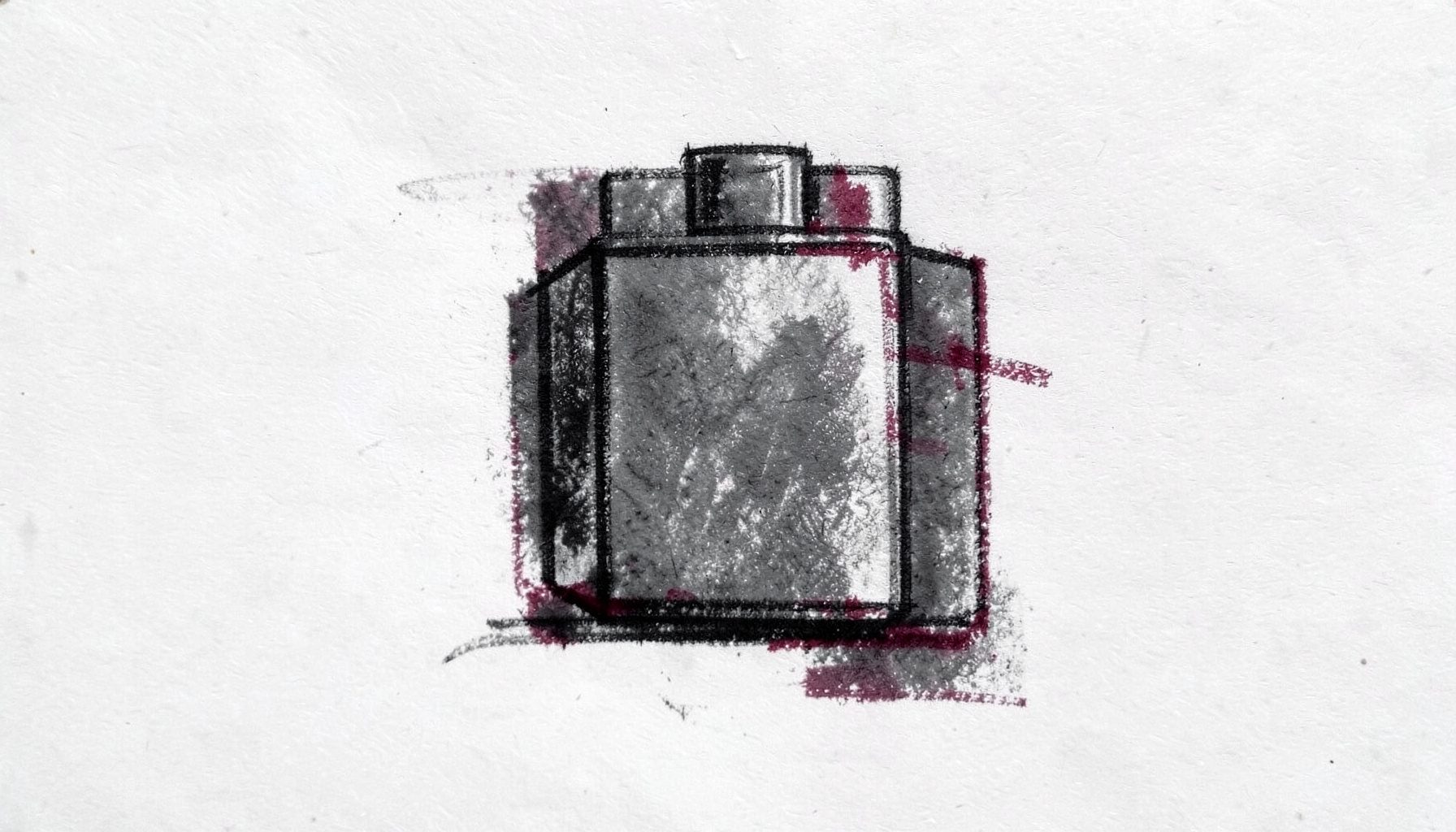 Bold sketch of a rectangular vape kit, charcoal shading with soft burgundy details, minimalist composition