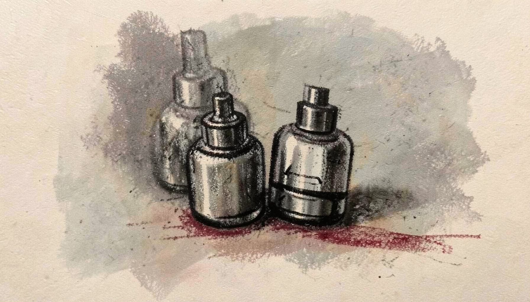 Detailed charcoal drawing of small vape pods arranged together, soft gray gradients, warm muted backdrop