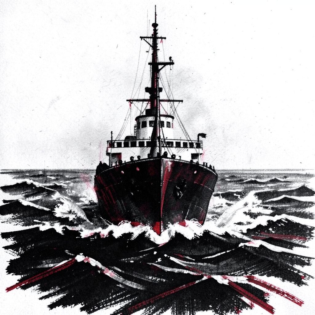 Bold charcoal sketch of a tall tugboat ship cutting through dark ocean waves, deep blacks and crimson highlights.