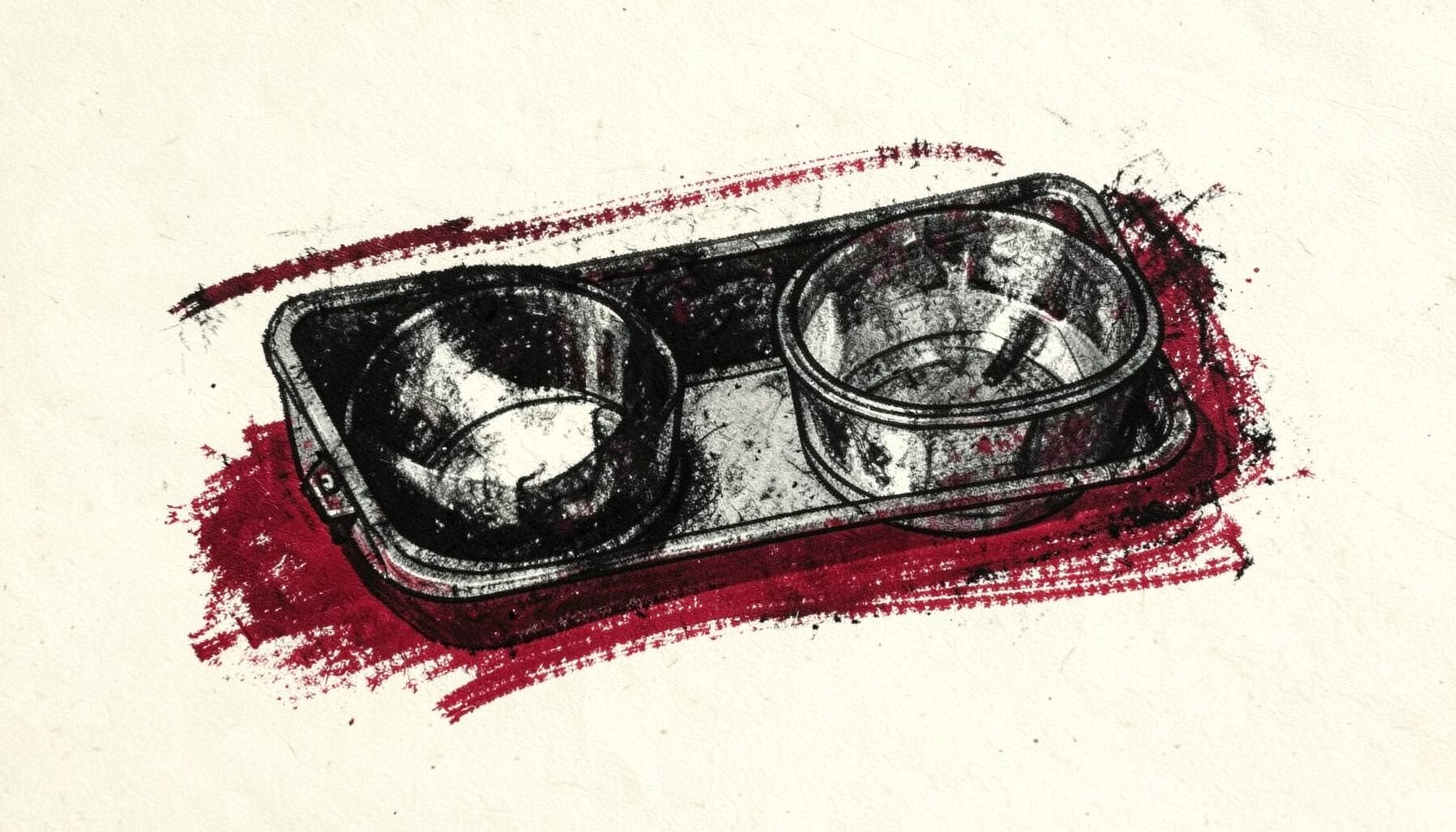 Charcoal illustration of a rectangular pod kit with two refill pods, ivory backdrop, deep red accents