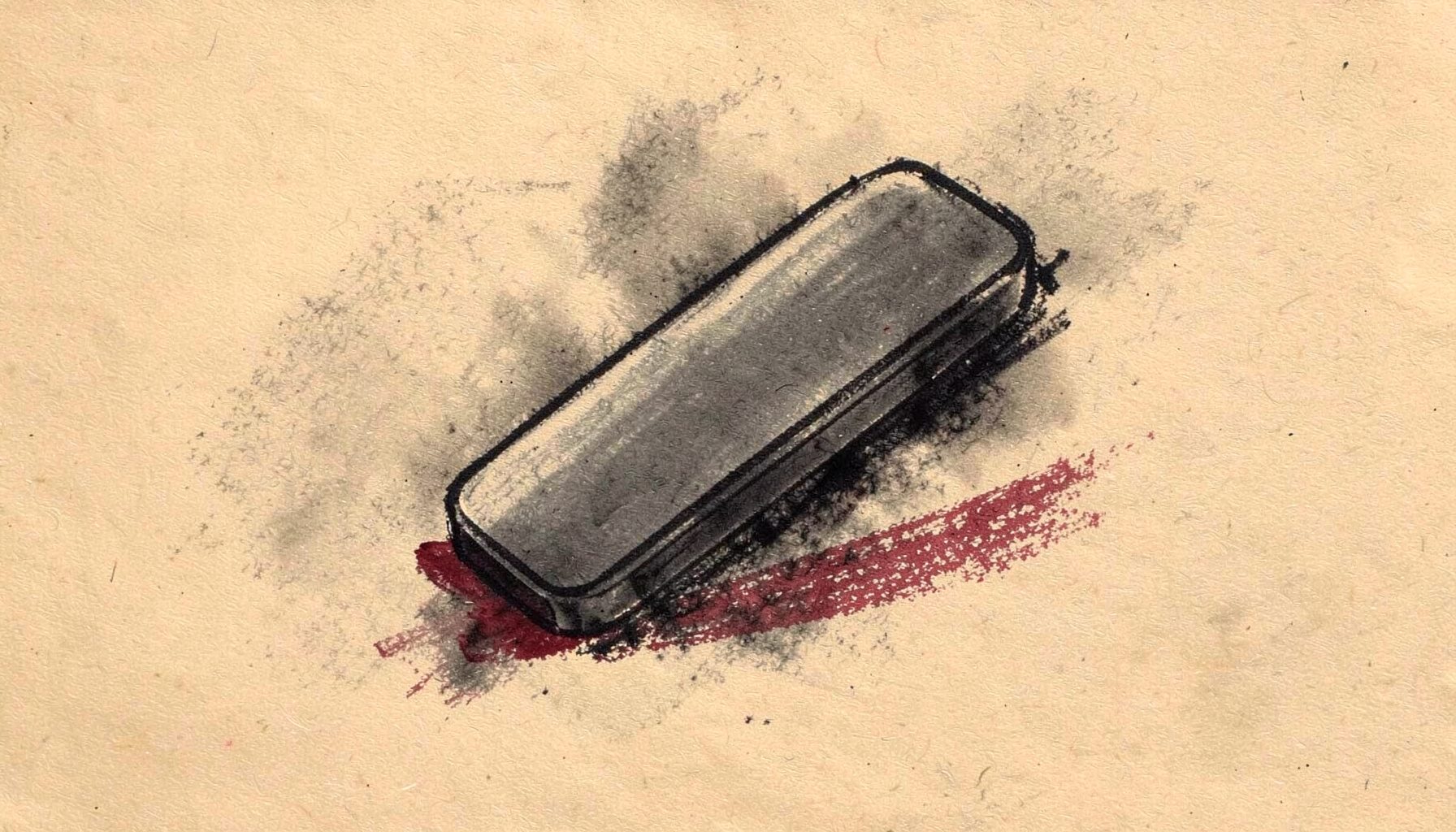 Charcoal illustration of a slim slate-grey pod device on warm beige paper with smoky shadows