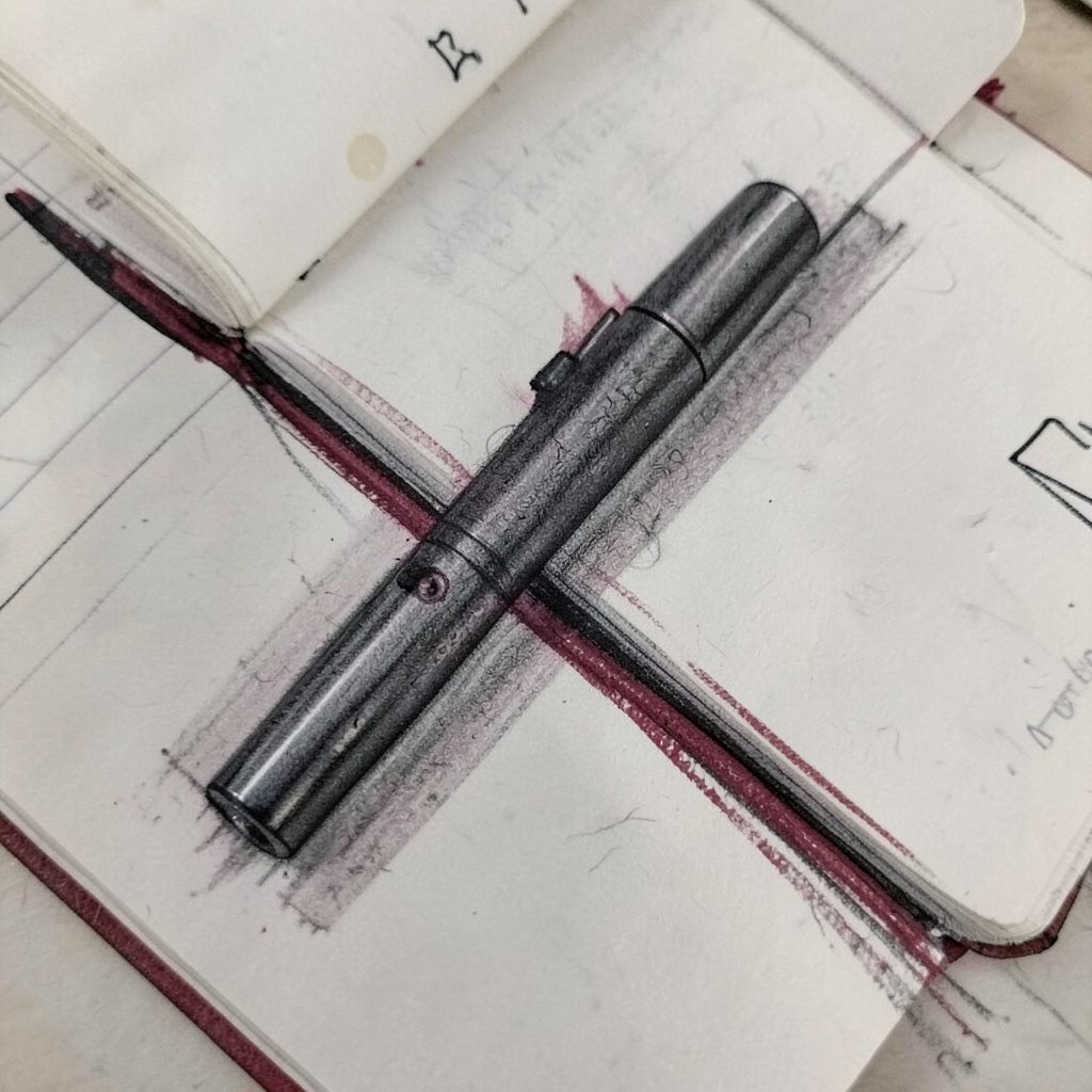 Charcoal sketch of a slender disposable vape pen resting beside an open notebook and pen, soft parchment tones and muted crimson highlights