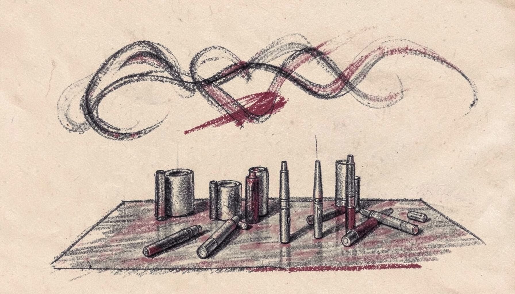 Atmospheric charcoal drawing of curling vapor trails drifting above a tabletop arrangement of slim vape pens, rendered in muted charcoal and burgundy on a sand-colored backdrop