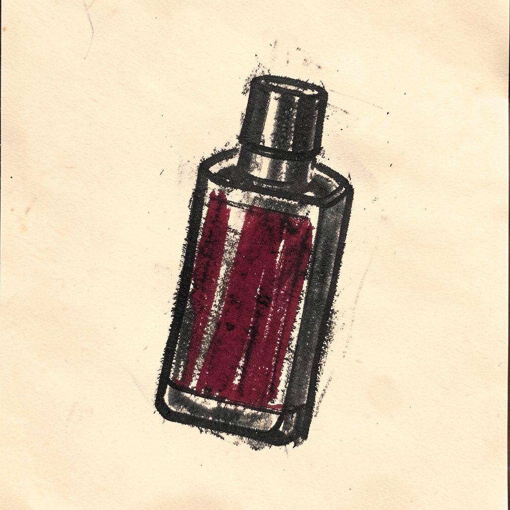 Bold charcoal sketch of a small vape device in deep crimson and dark grey tones on a warm cream background